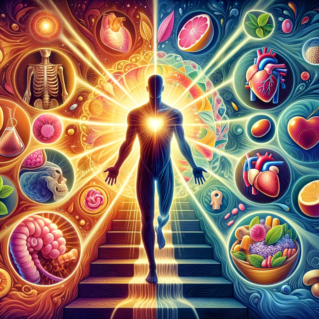 This illustration symbolizes the holistic benefits of daily collagen supplement intake, depicting a central figure’s evolution from a state of lesser vitality to radiant health. Around the figure, key benefits are creatively visualized: skin glowing with youthfulness, joints and muscles depicted in robust health, a heart surrounded by vitality, bones exuding strength, and a digestive system wrapped in soothing motifs. The color palette transitions from soft, subdued tones to vibrant, rich hues,