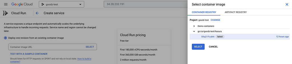 Select the container image for the cloud run service