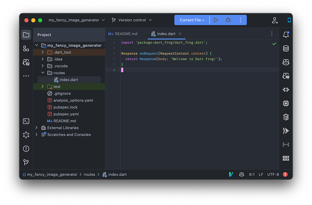 Picture of the IntelliJ IDE with the dart_frog starter project opened.