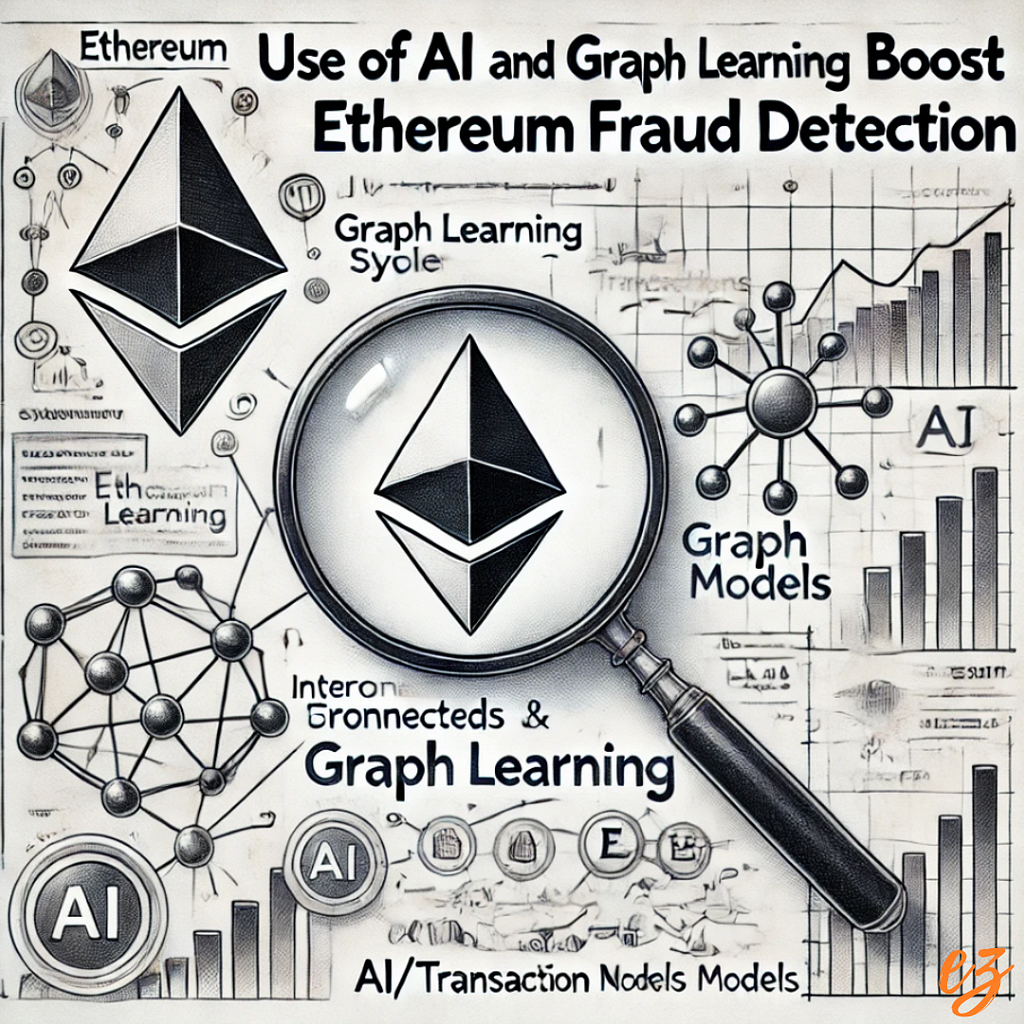 A black and white pencil sketch illustrating Ethereum fraud detection with interconnected transaction nodes and a magnifying glass symbolizing AI-driven security.