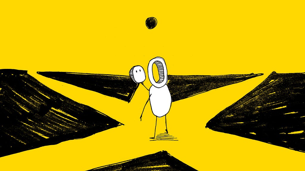 A faceless white figure holds the part of their face that is missing and stares at it, while standing at the center of 5 different crossroads on a yellow and black background. A black sun hovers in the distance.
