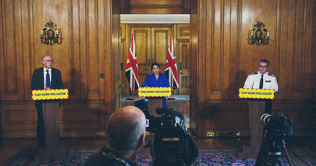 Photograph of 3 MP’s standing at podiums at a daily press briefing.