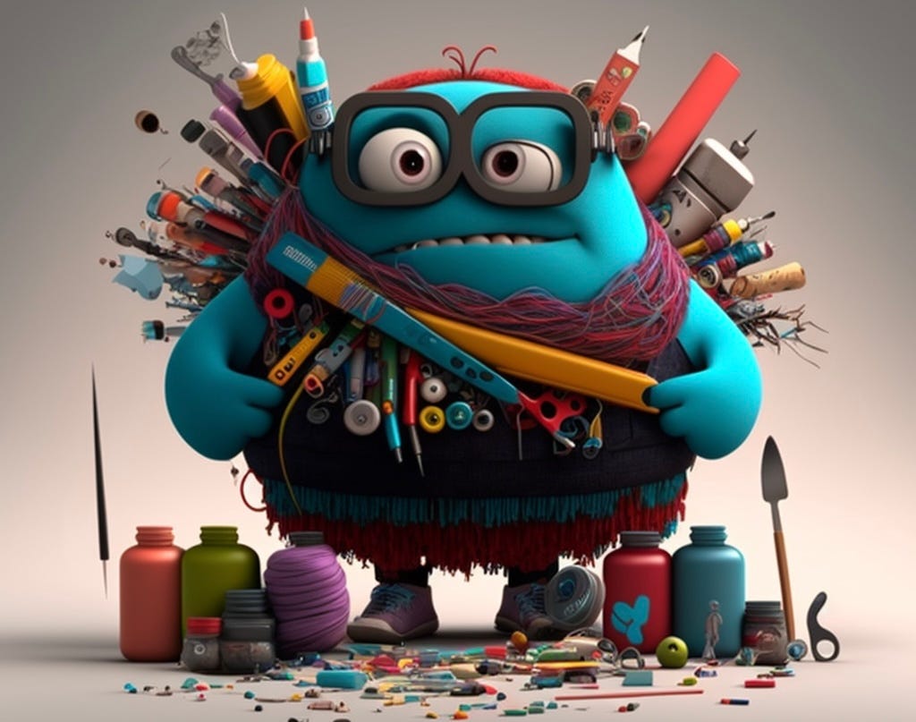 3D cartoon style blue monster character with a variety of design and creative tools overflowing in his arms.