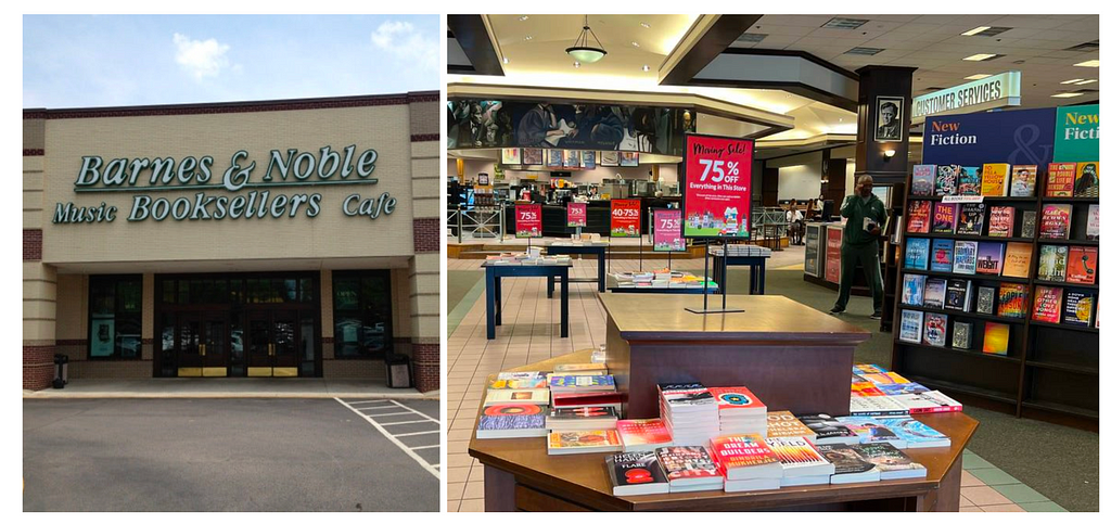 Images of the exterior and interior of a local Barnes and Noble prior to remodeling.