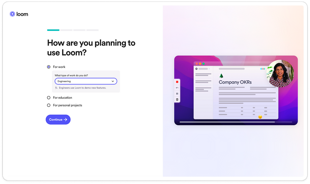 Screenshot of Loom onboarding personalisation screen showing copy personalisation when selecting an option
