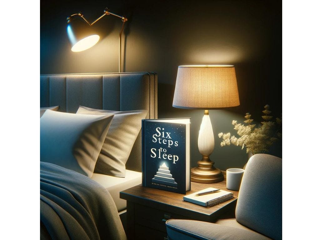 A serene bedroom scene at night, highlighting ‘Six Steps To Sleep’ on the bedside, symbolizing a structured journey to overcoming insomnia and enhancing sleep quality.