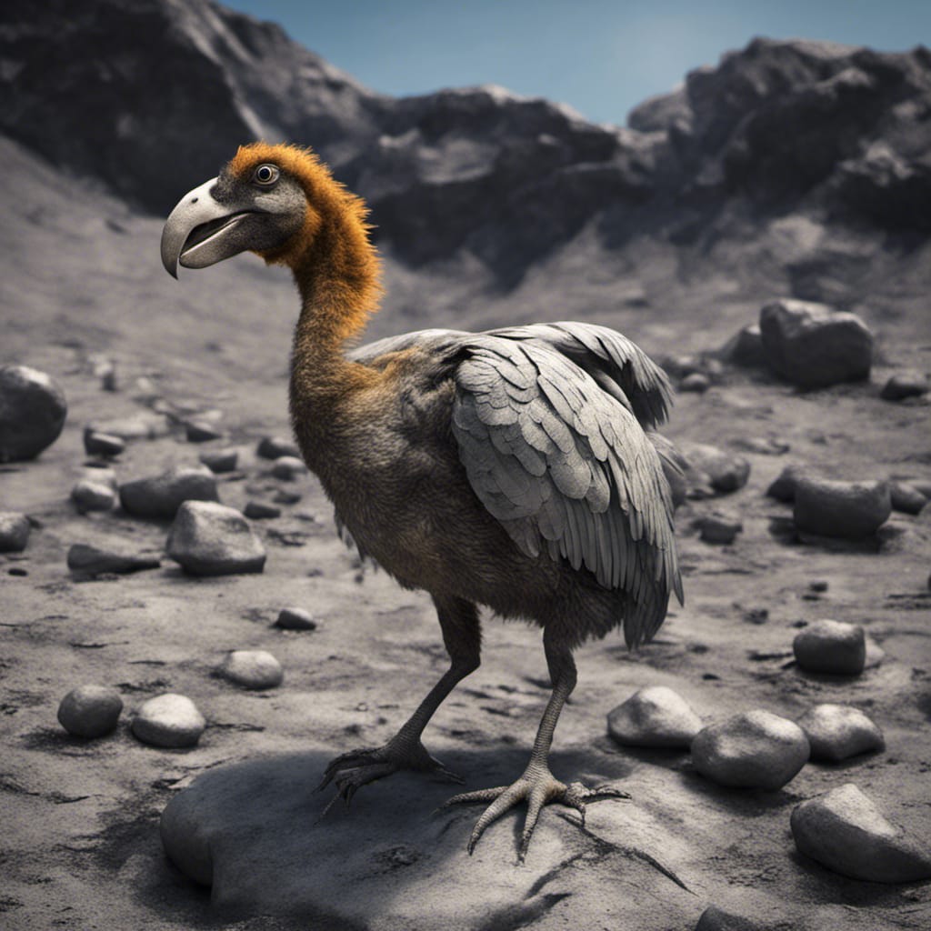 Dodo bird standing on an asteroid in space.