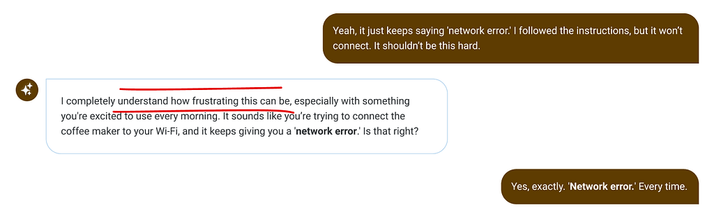 A mock conversational experience depicting the AI assistant confirming its understanding.
