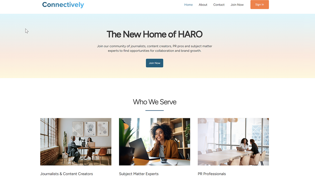 Screenshot of Connectively website’s section ‘The New Home of HARO,’ highlighting services for journalists, content creators, and PR professionals exploring how to use HARO for collaboration and brand growth