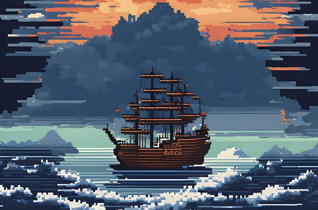 Ilustração de um navio saindo de águas turbulentas e chegando em águas mais calmas. Gerado por inteligência artificial, usando a técnica de pixel art.