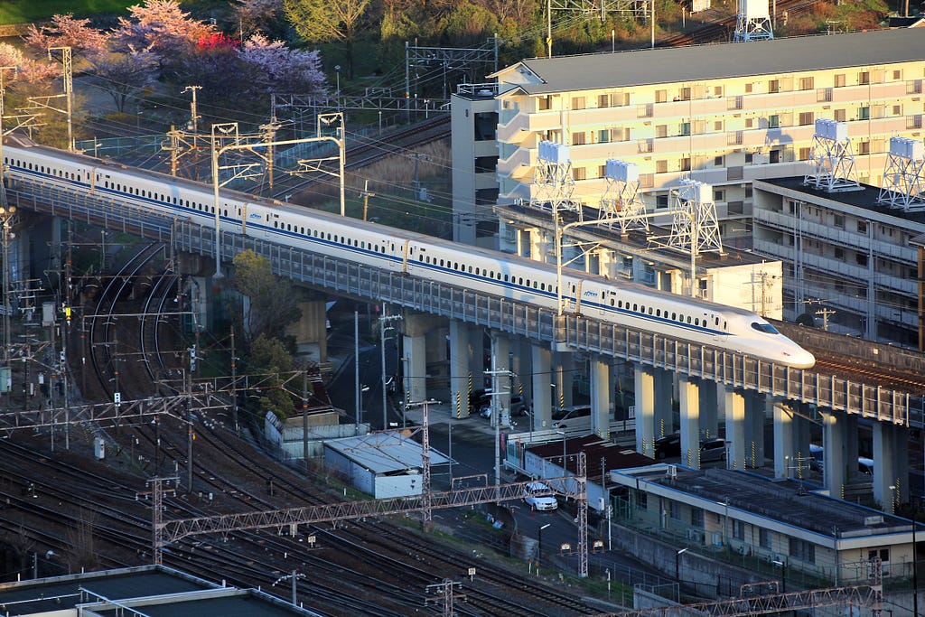 Shikansen bullet train on an elevated rail in Japan