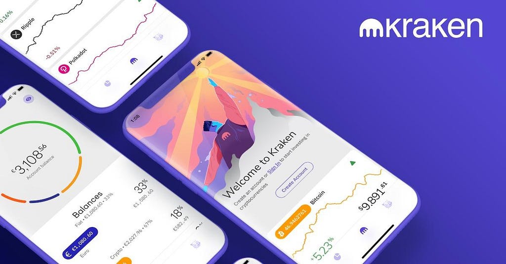 Branded mock-up of UX/UI Kraken crypto exchange app for IOS devices.