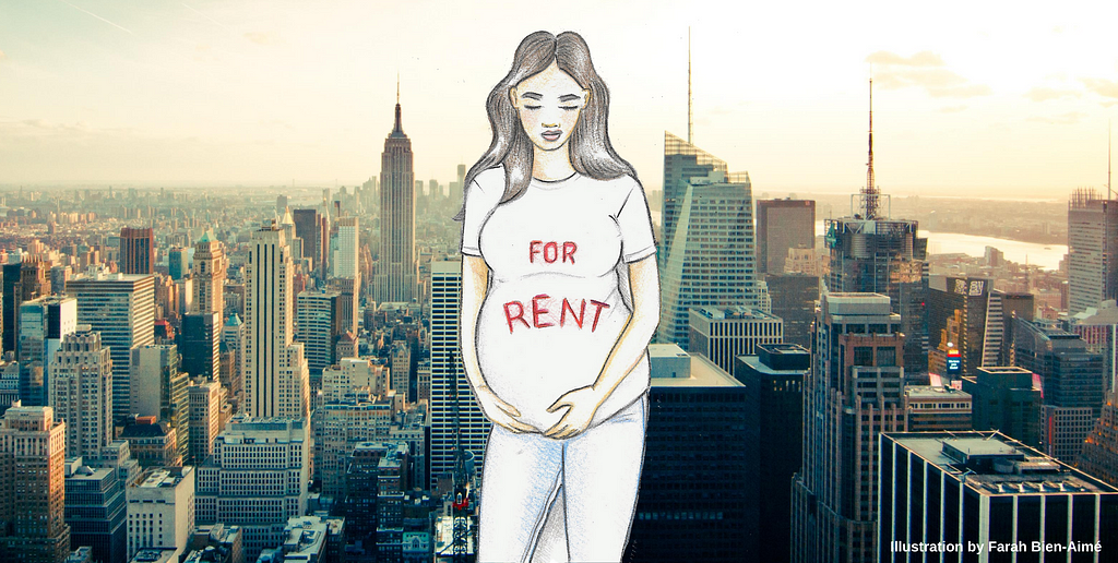 Illustration of a pregnant woman wearing a shirt that says “For Rent” juxtaposed against the NYC skyline.