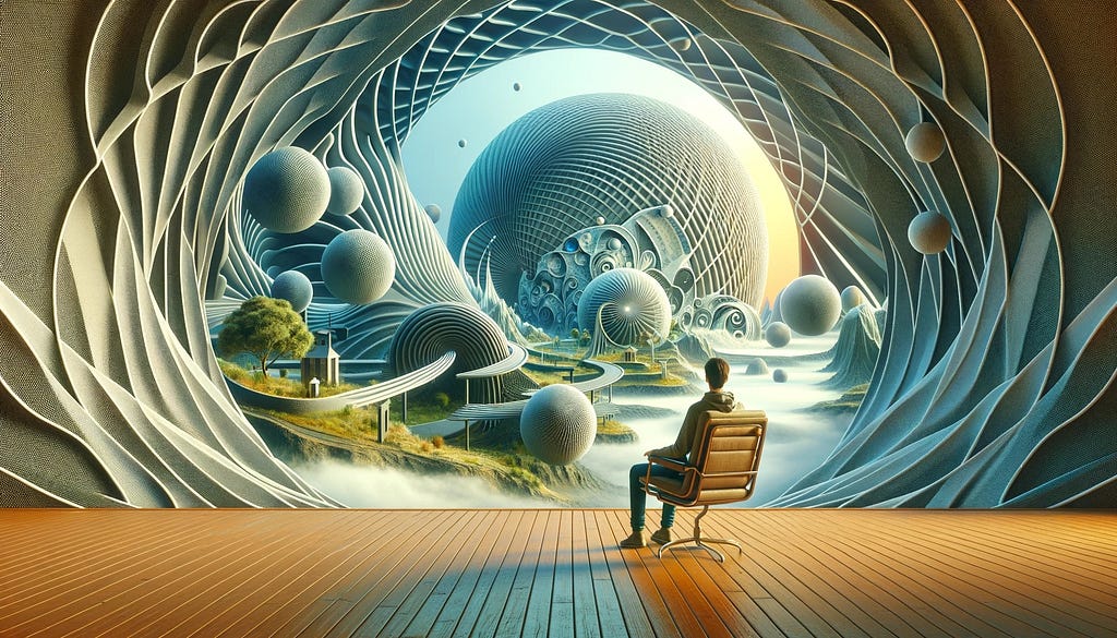 A second image depicting a landscape with spherical geometry. This different perspective from the viewpoint of a person sitting in a chair showcases another surreal environment. The scene includes curved structures and landscapes that envelop the viewer, emphasizing the unique properties of spherical geometry and creating a sense of being within a spherical space.