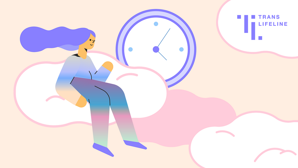 Stylized illustration of a person with long hair sitting on a cloud, with a large analog clock in the background. The color palette is mostly pastels in purple, pink, and yellow.