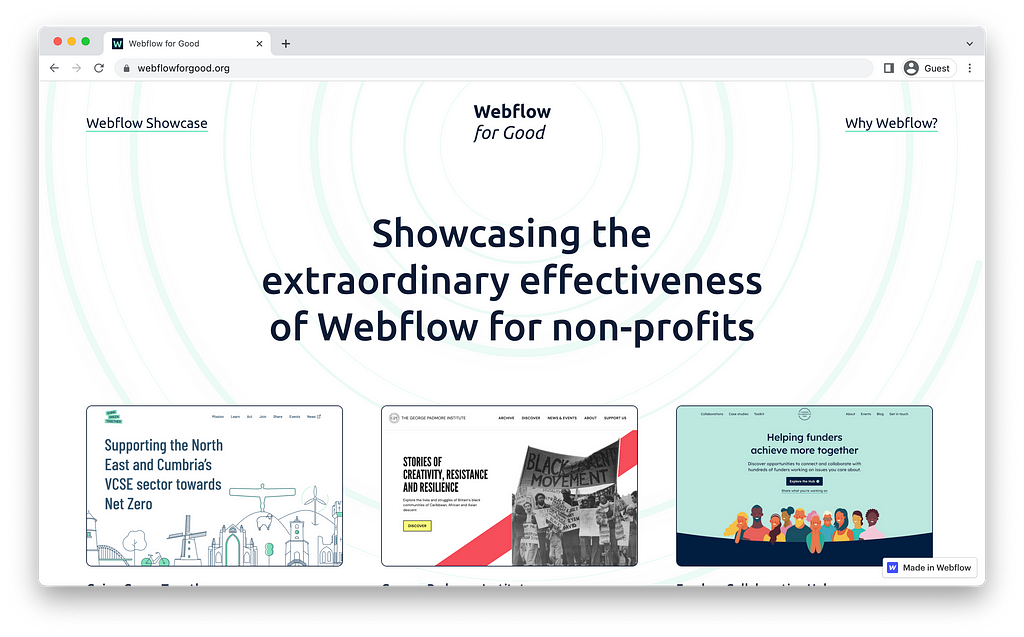 A screenshot of the ‘Webflow for Good’ website