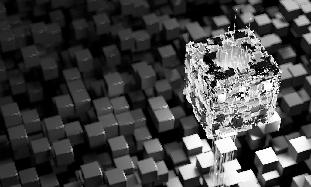 A black and white picture featuring a cube surrounded by multiple cubes, symbolizing data blocks and transmission. The central cube, resembling a large computer memory chip, is illuminated to highlight its significance.