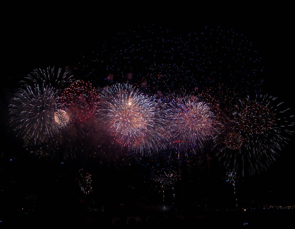 Outstanding fireworks splash on a dark sky.