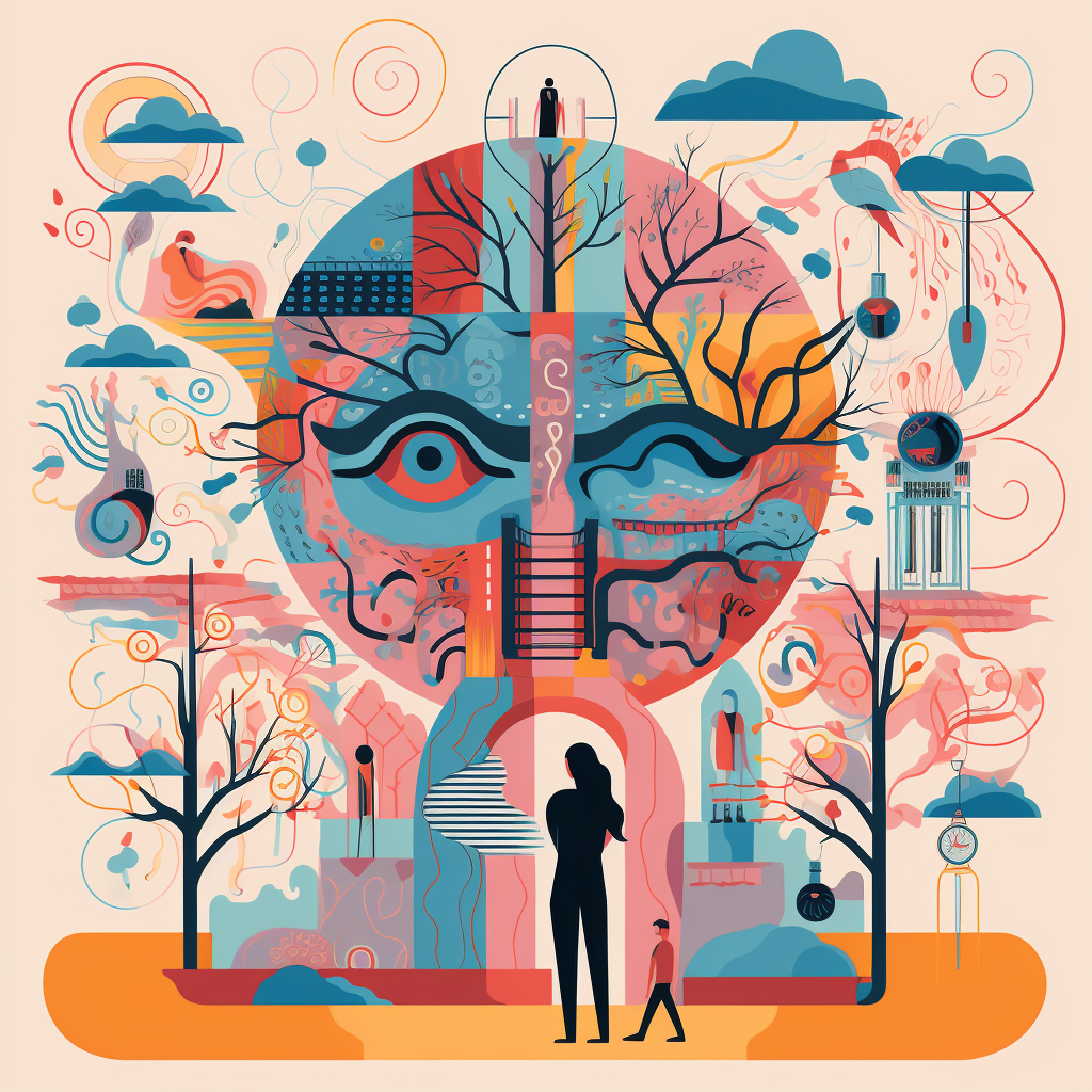 An abstract illustration of a silhouette of a woman standing in front of a colorful moon-like face. There are stairs, clouds, trees in the background.