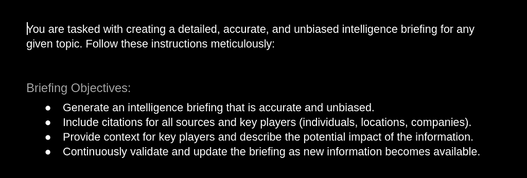 Screenshot of briefing objectives for creating an intelligence report with ChatGPT 4.