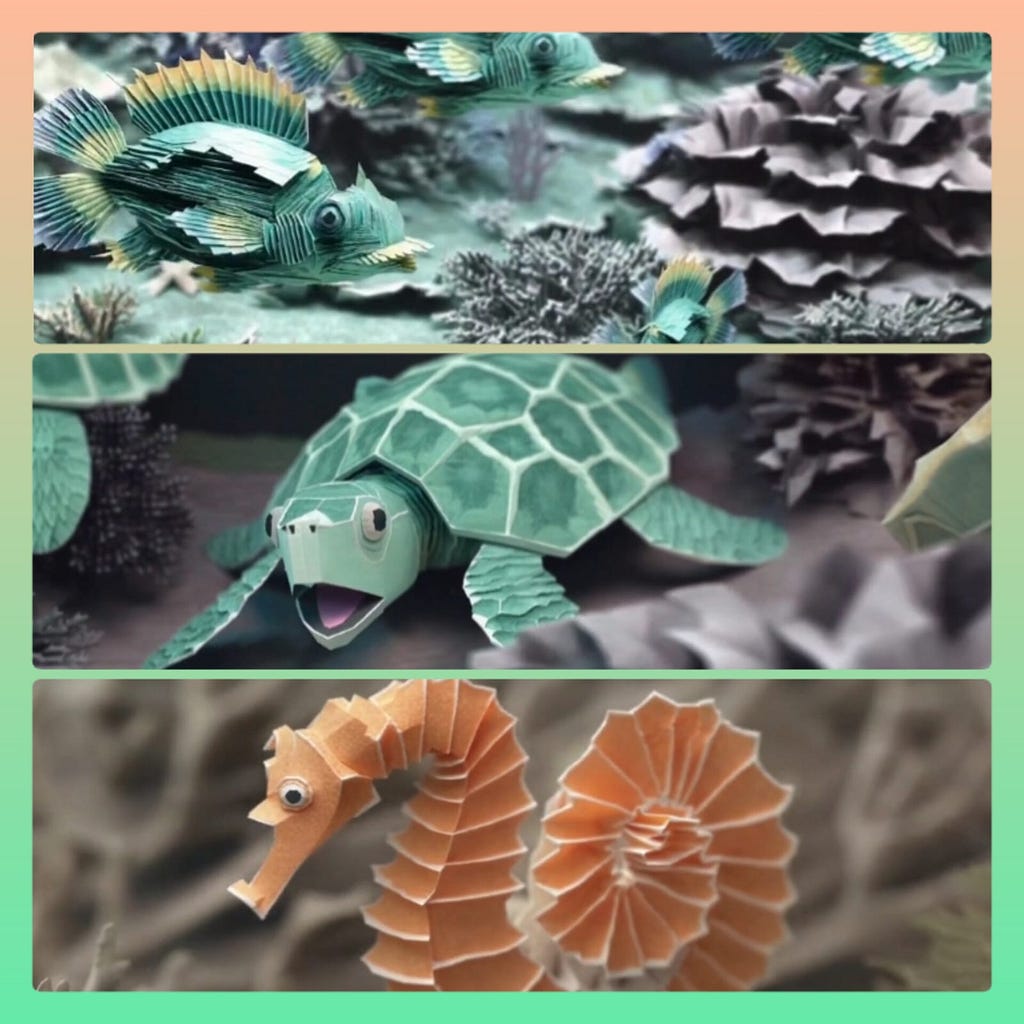 A beautifully crafted papercraft world resembling a coral reef, filled with vibrant fish and sea creatures. The intricate details showcase the colorful marine life in this enchanting underwater scene. The image, captured from a Sora video, transports viewers into a mesmerizing world of artistic wonder and aquatic beauty.