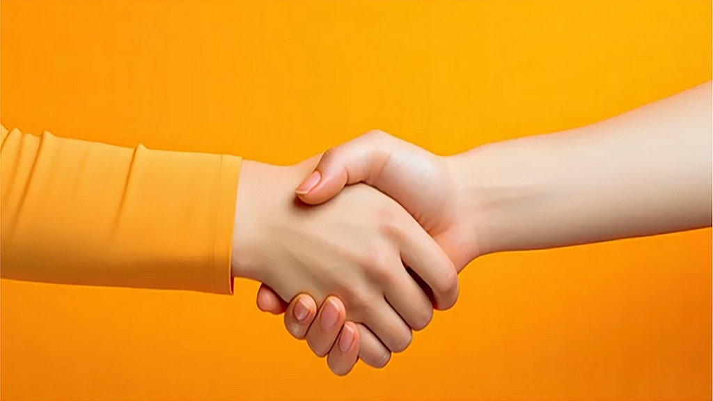 Closeup of a handshake between two women, on an orange background.