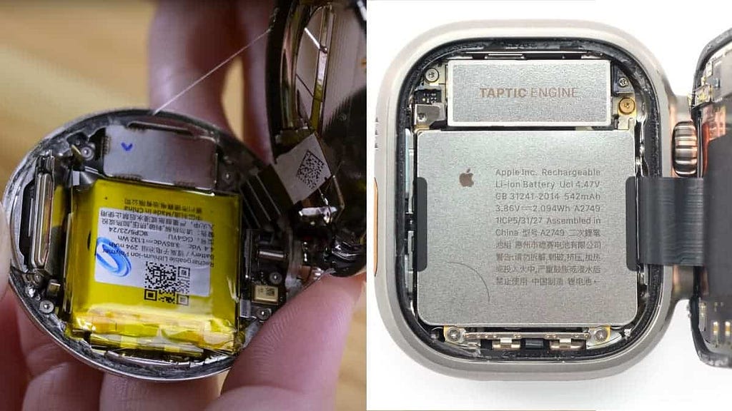 Comparison of inside parts of Pixel Watch and Apple Watch