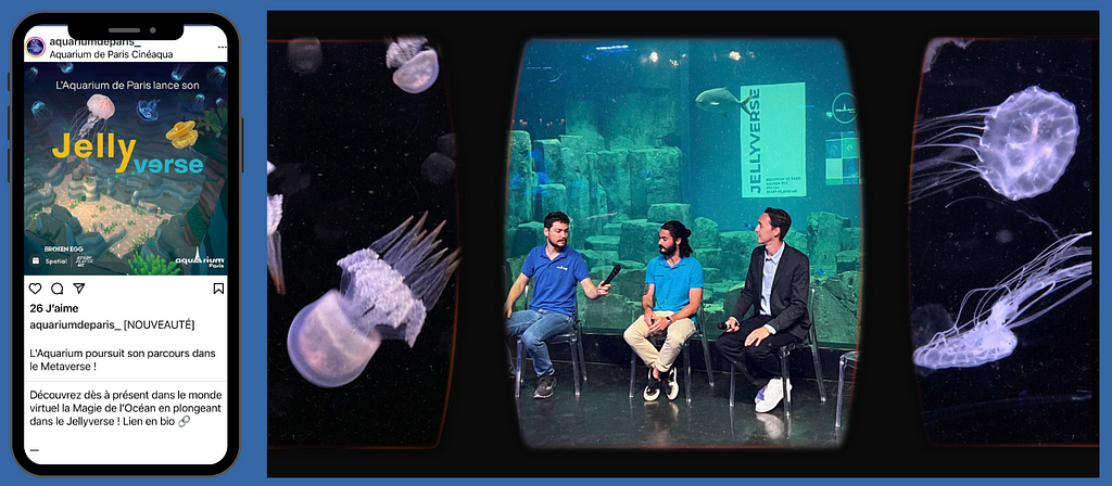 Deux images de gauche à droite : image du compte instagram de l’Aquarium annonçant le lancement de Jellyverse, trois personnes assises sur des chaises transparentes disposées en cercle devant un aquarium géant, deux scientifiques de l’Aquarium en t-shirt bleu et une troisième en costume gris du créateur du projet, présentant au micro le lancement de Jellyverse.