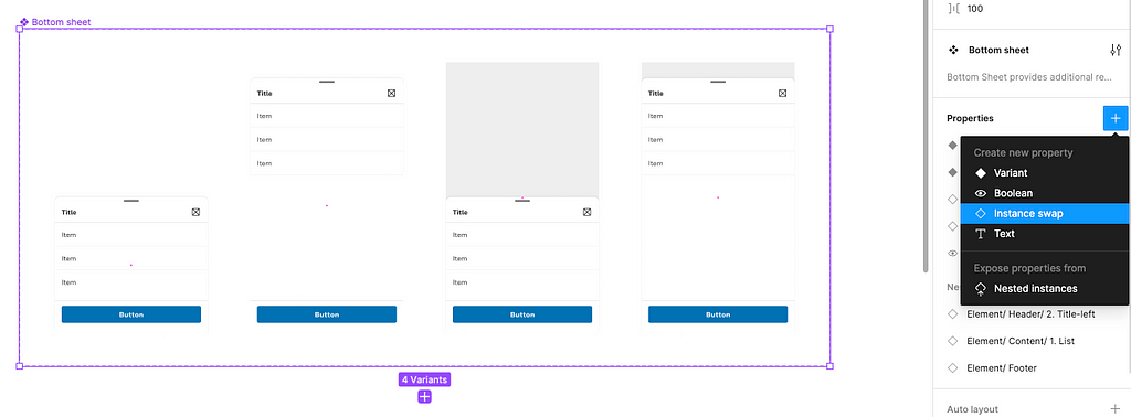 A bototm sheet component set in Figma with the Properties panel menu open with the Instance swap property highlighted