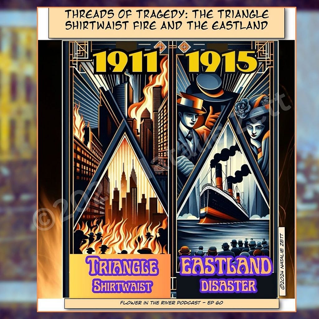 “Promotional artwork for the ‘Flower in the River Podcast — EP 60,’ titled ‘Threads of Tragedy: The Triangle Shirtwaist Fire and the Eastland Disaster.’ The graphic is styled as an Art Deco poster, split into two vertical panels. The left panel, labeled ‘1911,’ depicts the Triangle Shirtwaist Fire with flames engulfing a multi-story building in a cityscape. The right panel, labeled ‘1915,’ illustrates the Eastland Disaster, featuring a large ship tilting on its side near a dock, with people depi