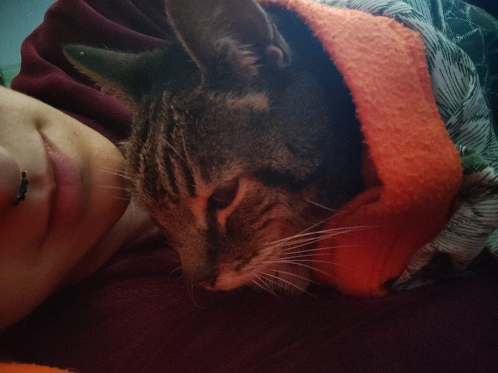 A tabby cat being the little spoon in bed with her human. The sheets are orange and the duvet is green and white with a leaf pattern