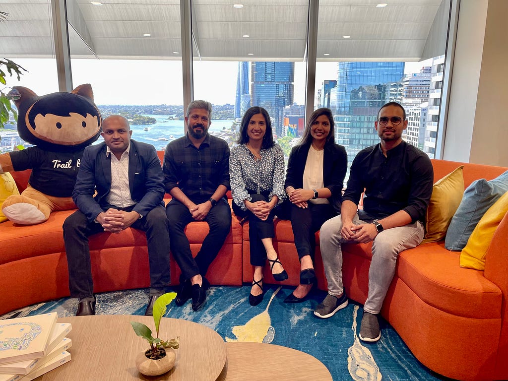 NJC Labs, winners of Certober, the MuleSoft Certification sprint month in October. In this photo from left to right: Sajeesh Karuthethil, Shefreen Kunhimohamed, Raquel Paez Ricciardo, Sushmita Siddam , and Sai Asish Kavuturu.