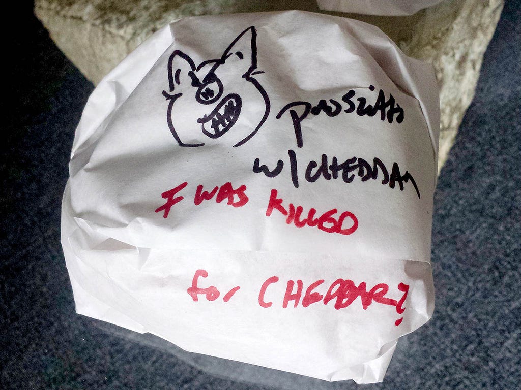 a sandwich wrapped in white butcher paper with a sketch of a pig face and sandwich type in black sharpie