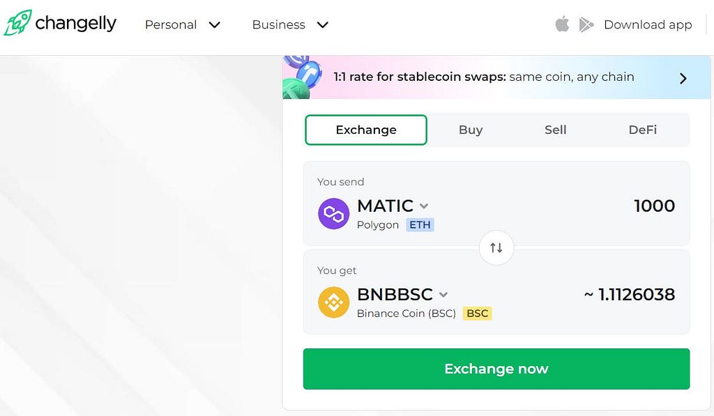 Convert MATIC to BNB with Changelly