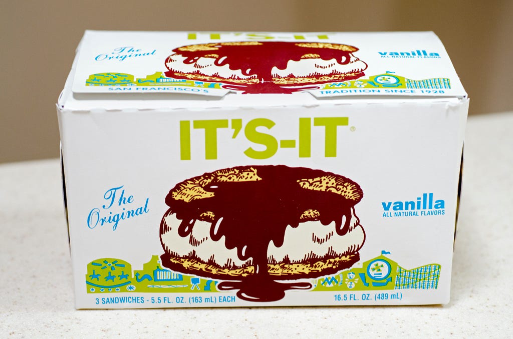 A box of vanilla It’s-It ice cream cookie sandwiches.