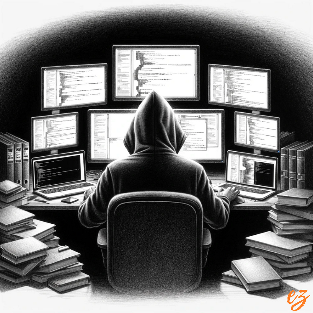 Black and white pencil sketch of a person in a hoodie at a computer setup with multiple monitors showing code and dark web forums, surrounded by legal documents and books titled ‘DOJ Guidelines’, ‘Legal Risks’, and ‘Cyber Law’.