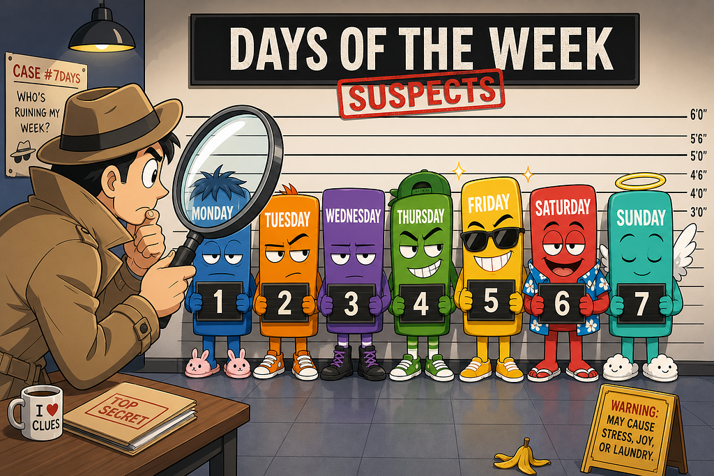 Cartoon detective with magnifying glass examining time lags as suspects in a police lineup