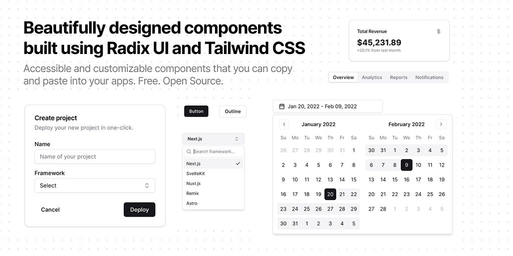 A display of UI components of the Shadcn/ui library