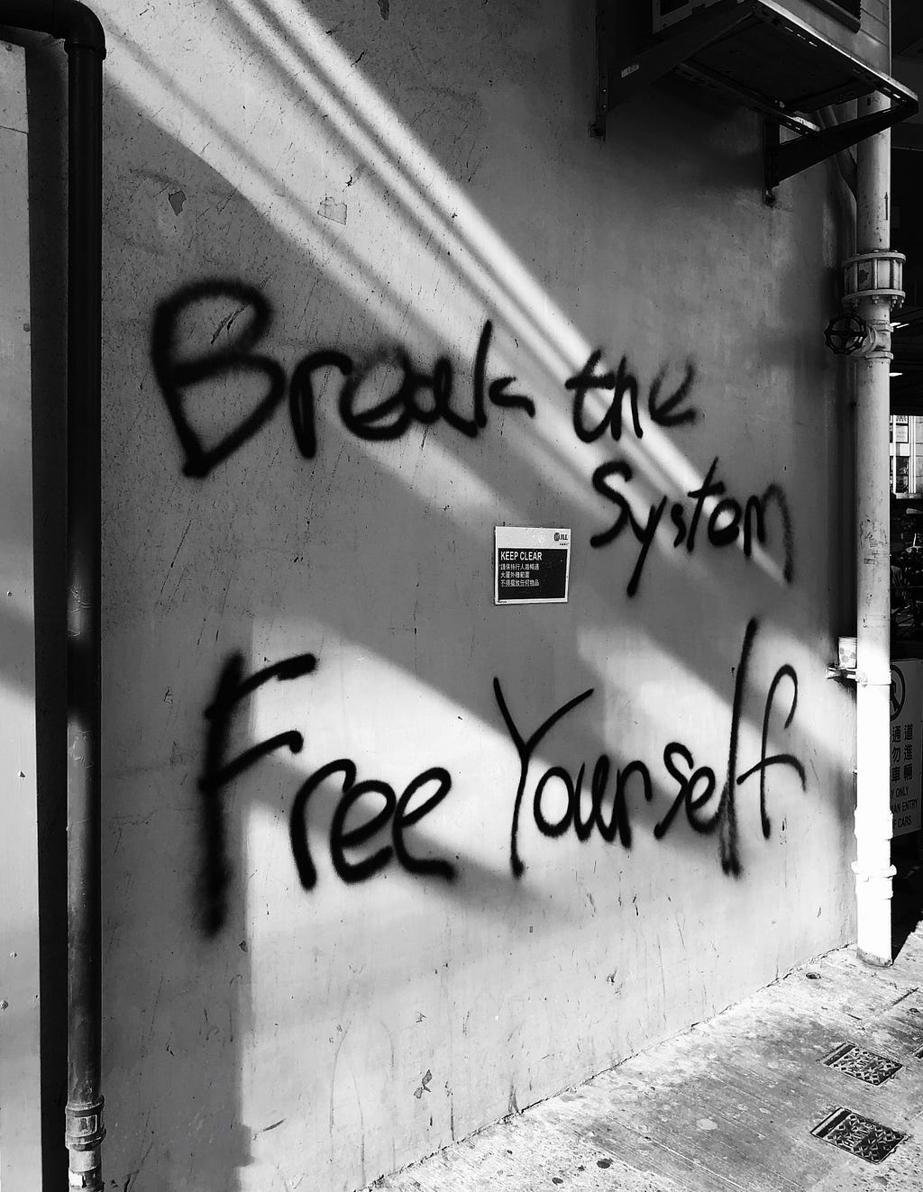 Graffiti sprayed on a wall saying Break the system Free Yourself