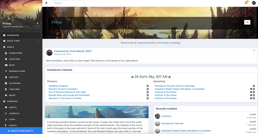 The Kanka interface with the sidebar and dashboard showing recent articles.