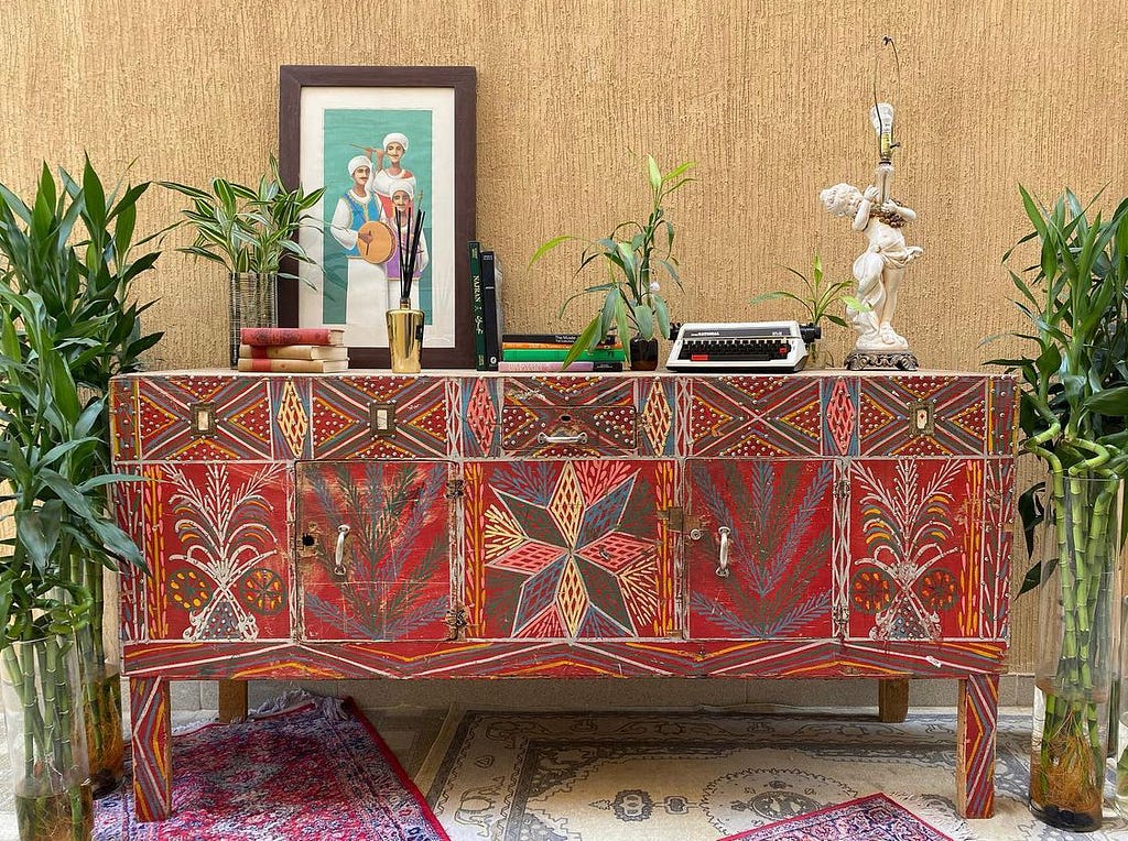 A Vintage Hand Painted Wooden Najdi Table — displayed for sale at @crystalages on Instagram