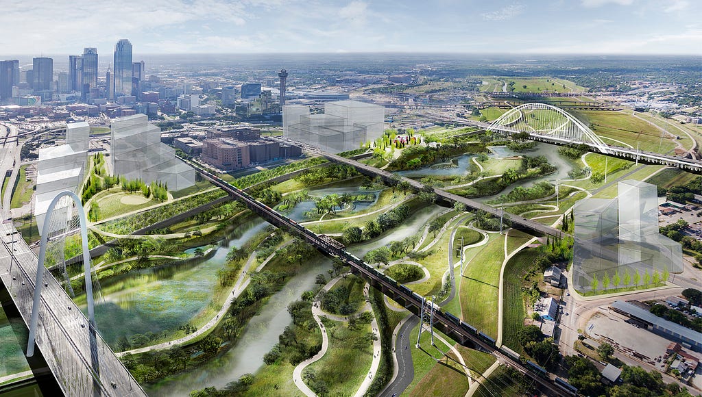 Rendering of a large green space and multiple bridges spanning across the space