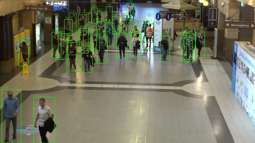 La photographie de foule dans un hall de gare montrée précédemment. Les personnes semblent à peu près toutes bien détectées par ce modèle également.