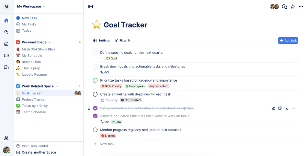 A free goal tracking template in TaskOrbiter