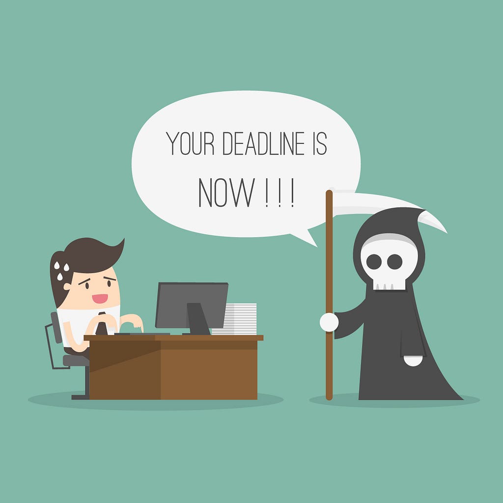 Grim reaper saying “Your deadline is now” to a panicking employee.