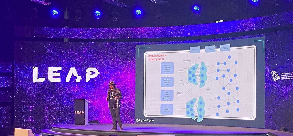 Dr. Ben Goertzel presents a diagram of HyperCycle Design Structure, showing the relationship between TODA/IP + SNET PoR + Cardano Hydra at LEAP 2022