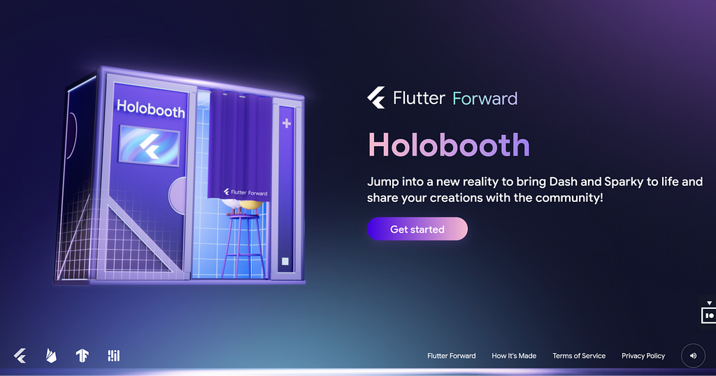 Landing screen for the Flutter Forward Holobooth web app. On the left, Dash is taking a picture inside a photo booth decorated with purple and blue hues and the Flutter logo. On the right is a button to get started.