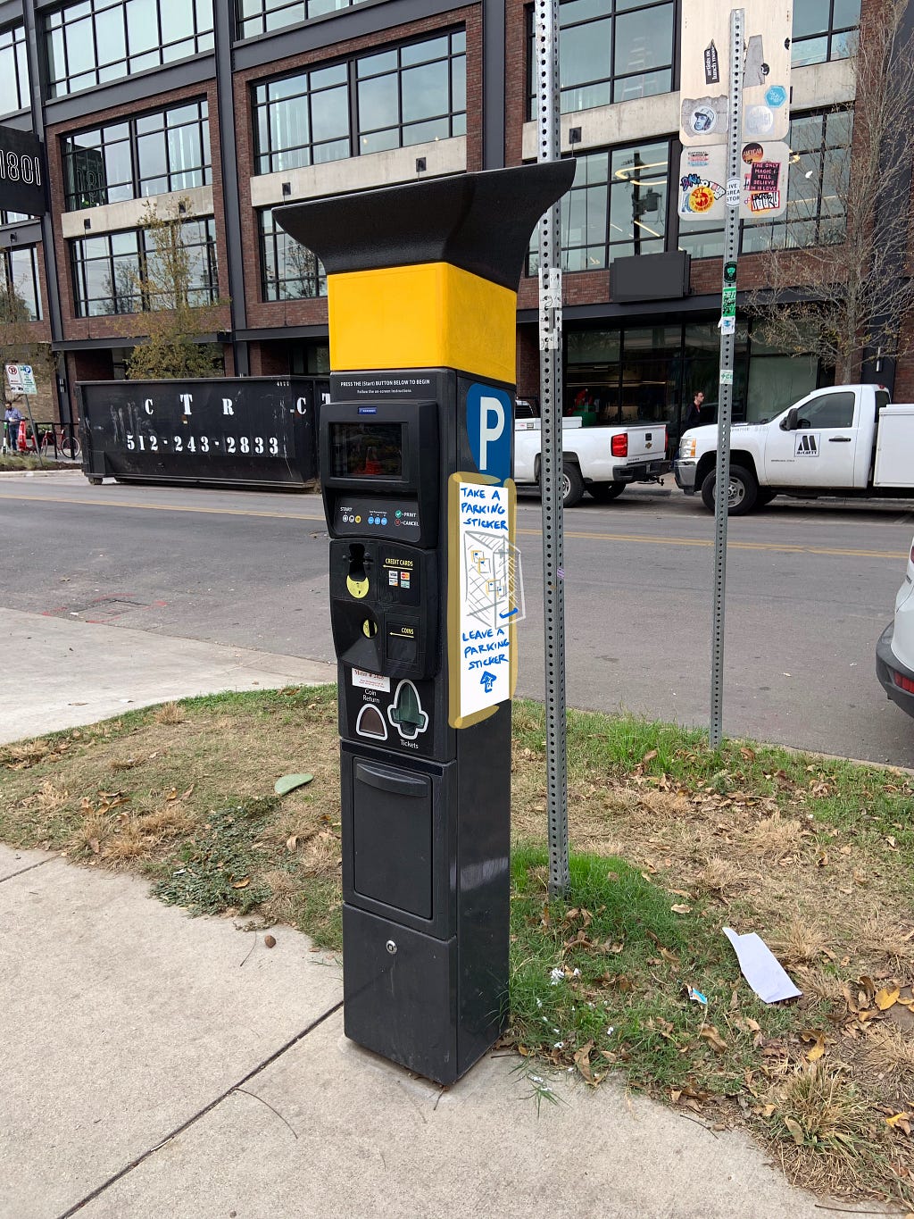 A parking meter concept allowing people to pay it forward to other drivers by leaving their parking stickers for others