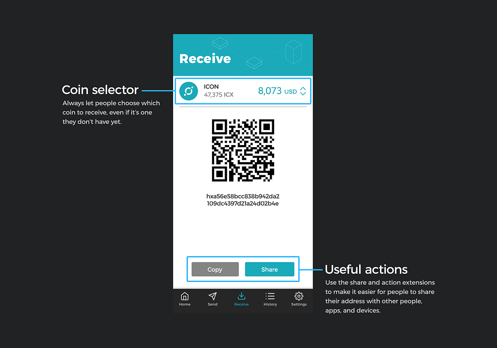Our redesign of the ICONex receive page, with tooltips for the coin selector and useful actions.