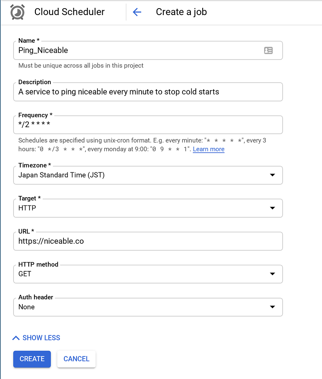 Cloud scheduler Niceable HTTP request every 2 minutes